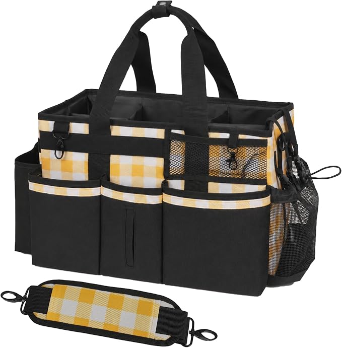 SCAVATA Wearable Cleaning Caddy, Cleaning Caddy Supplies Organizer with Handle & Shoulder Straps for Housekeepers, Under Sink & Car Cleaning Tool Organizers Bag with 4 Foldable Divider (YellowPlaid)