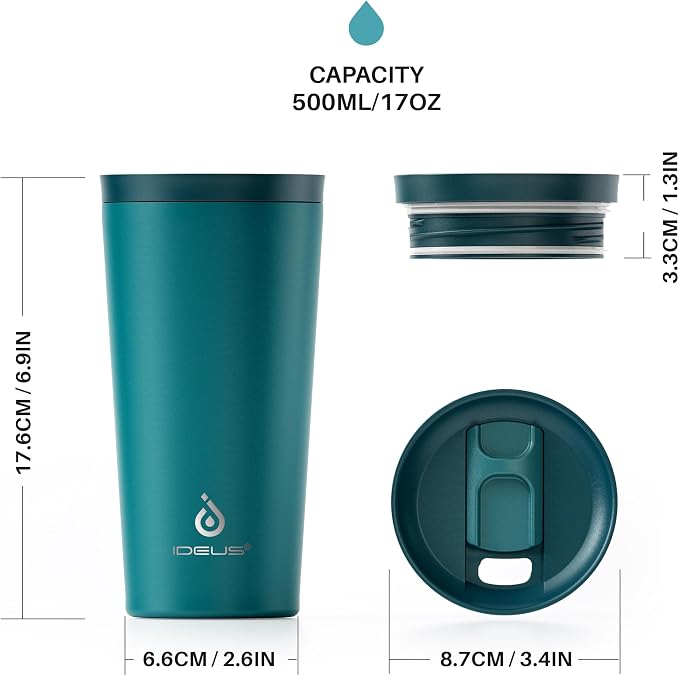Ideus 17 oz Travel Coffee Mug, Double Wall Vacuum Stainless Steel Insulated Coffee Tumbler With Lid, Splash-Proof & Cup Holder Friendly, Keeps Drinks Hot/Cold, Dishwasher Safe, Peacock Blue