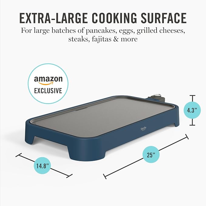 Martha Stewart 12"x 22" XL Electric Griddle, Ceramic Nonstick Flat Top | PFAS-Free Nonstick Grill, XL Cooking Surface for Pancakes & Eggs, Adjustable Temp Dial, Drip Tray, 1500W Heating, Indigo Blue