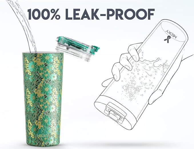 Meoky 24 oz Insulated Travel Coffee Mug: Leak Proof Lid, Emerald Bloom | Stainless Steel Coffee Tumbler, Keeps Hot for 8 Hours or Cold for 24 Hours, Fits in Car Cup Holder, BPA Free