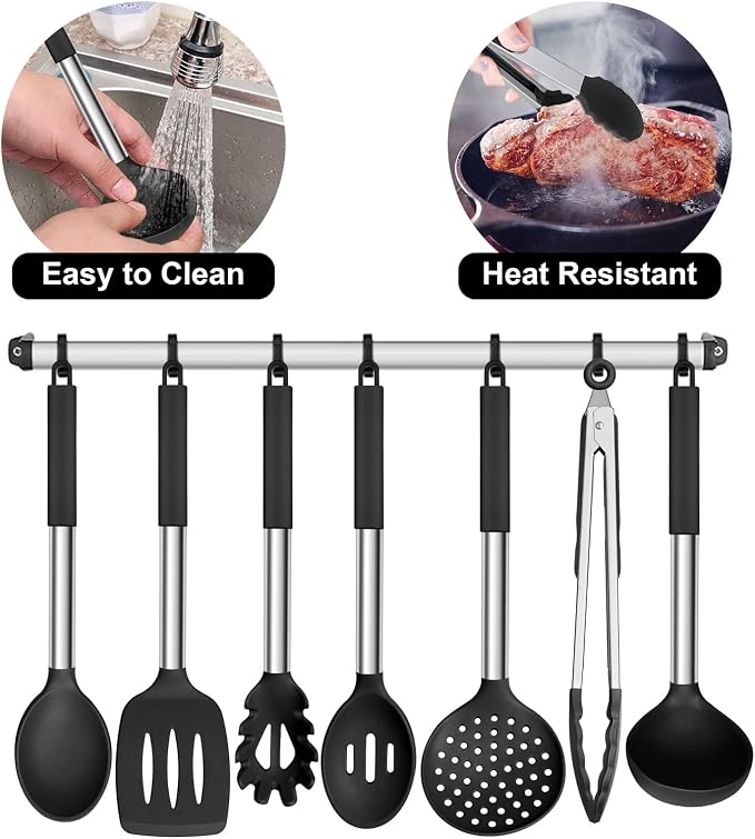 E-far Silicone Cooking Utensils Set, 7-Piece Black Kitchen Utensils Set | Heat Resistant Nonstick Cookware with Stainless Steel Handle, Slotted Turner, Spoon, Soup Ladle, Pasta Server, Skimmer, Tongs