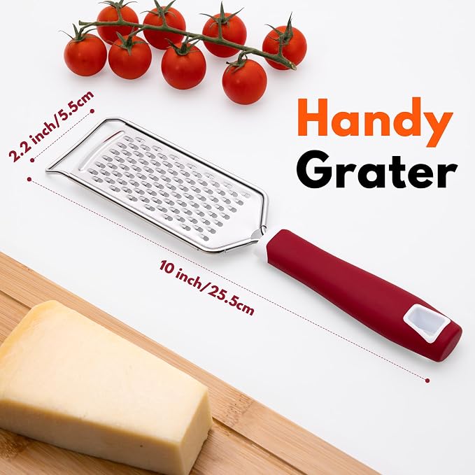 Professional Cheese Graters for Kitchen Stainless Steel Handheld, Metal Lemon Zester Grater With Handle For Cheese, Chocolate, Spices, Kitchen Gadgets Tools, Soft Grip Handle (Red)
