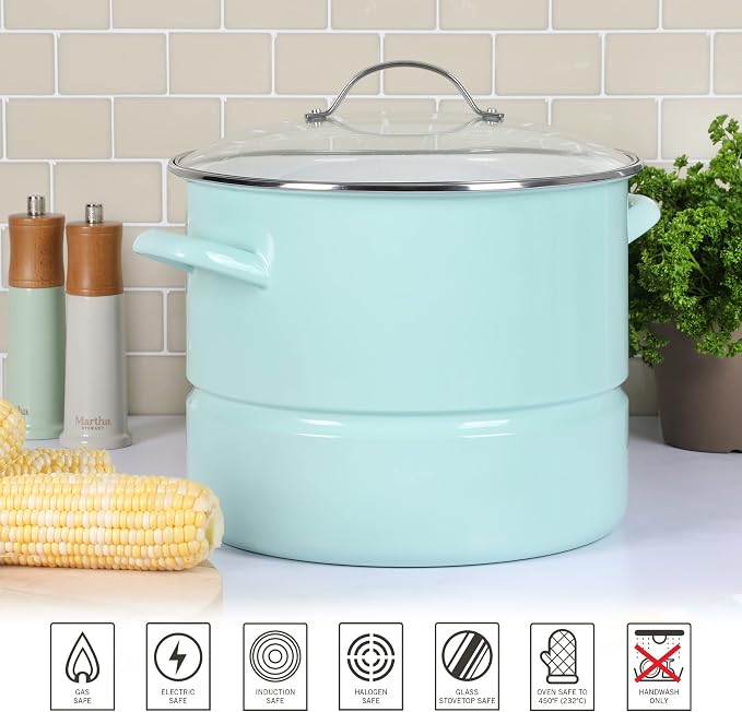 Martha Stewart Thayer 16-Quart Enamel On Steel Scratch Resistant Steamer Stock Pot w/Stainless Steel Insert - Martha Blue