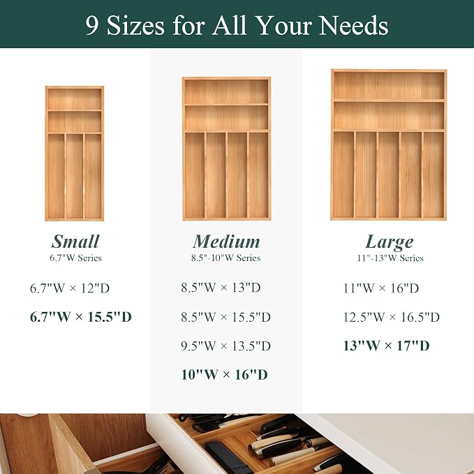 Silverware Organizer, Bamboo Kitchen Drawer Organizer, Utensil Holder, Cutlery Tray & Spoon Flatware Storage with Grooved Drawer Dividers (13''W x 17''D)