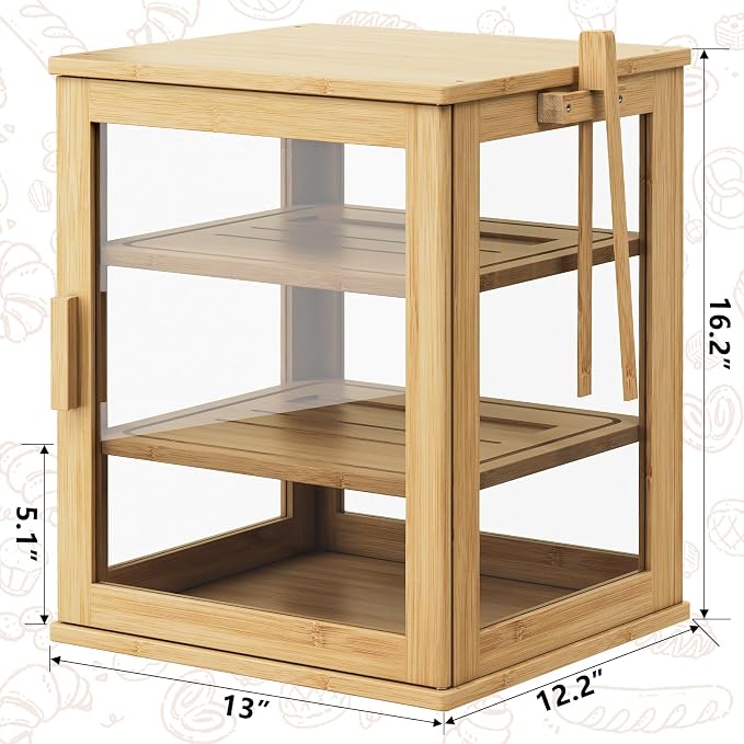 WOWLIVE Bread Box for Kitchen Countertop, 3 Layers Bread Storage Container | Large Bamboo Bread Bin for Homemade Bread with Window, Farmhouse Breadbox Organizer for Cabinet, Natural, Extra Large