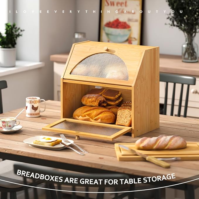 STDDRE Double Layer Bamboo Corner Bread Box with Cutting Board(Natural) | Extra-large capacity. Double Layer Bread Storage Bin with Door Panel for Kitchen Counter.for kitchen counter
