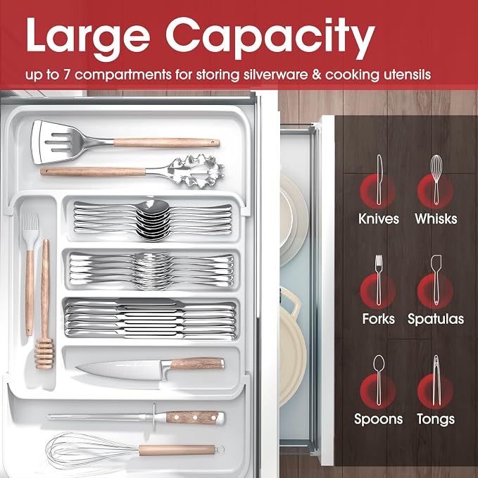 Aujen Silverware Drawer Organizer, Adjustable Utensil Cutlery Tray | Expandable Kitchen Organizer for Forks Knives, Multipurpose Kitchen Storage , Apartment Essentials, White, Medium