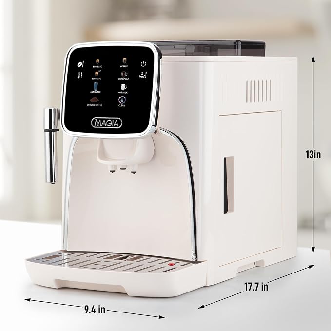Zulay Kitchen Magia Clasica Automatic Espresso Machine with Built-In Grinder, Touch Panel Coffee Maker, Steam Wand Milk Frother, Adjustable Strength, Self-Cleaning, Cream & Silver (13" x 17.7" x 9.4")