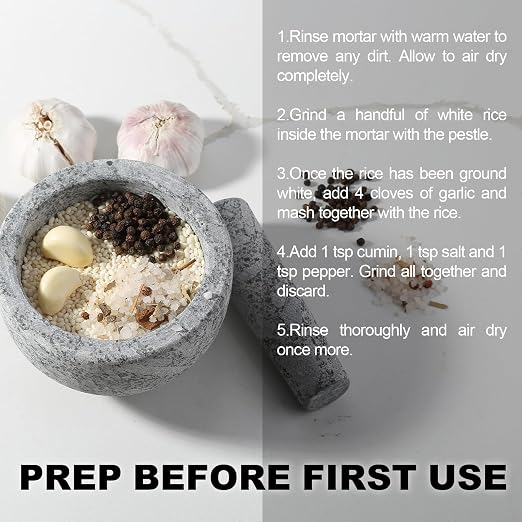5 Inch 1.5 Cup-Capacity Mortar and Pestle Set - Heavy Natural Granite Spice Grinder Bowl, Unpolished Heavy Granite for Organic Appearance, Solid Stone Grinder Marble Spice Herb Grinder