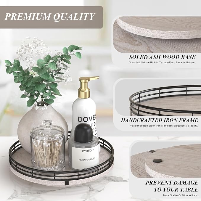 AMH 9-Inch Rustic Whitewashed Wooden Lazy Susan Organizer | Smooth rotating oak tray with walnut finish for dining tables, kitchen counters, pantries and cabinet storage.