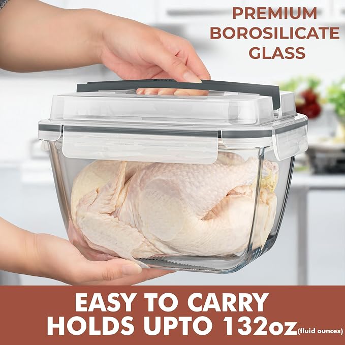 Razab 17 Cups / 132 Oz / 3900ml Large Glass Food Storage Containers with Lids - Leakproof, BPA-Free Large Meal Prep Container Ideal for Roasting Turkey, Store Leftover - Microwave & Oven Safe