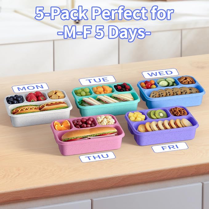 Bento Box 5-Pack, 4-Compartment Lunch Box for Women, Men & Kids, BPA-Free Wheat Straw Snack Containers, Ideal for Meal Prep, Travel, School, Work (5 Colors)