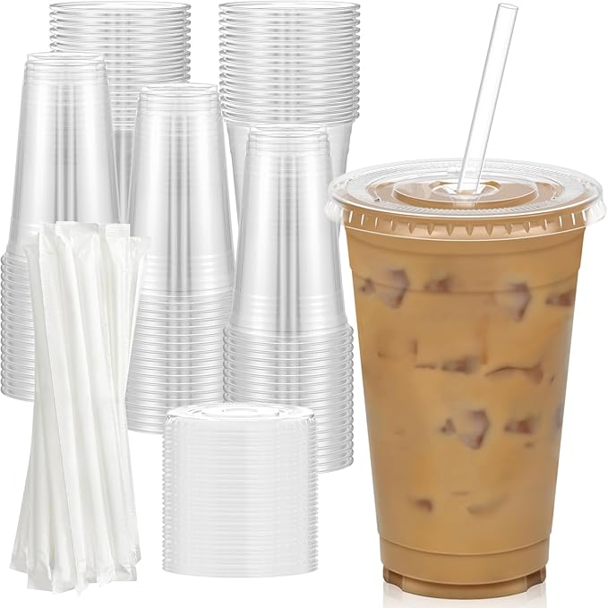 Dealusy 100 Pack - 20 oz Clear Plastic Cups with Lids and Straws | Sturdy & Food Safe Iced Coffee Cups with lids, Disposable Plastic Smoothie Cups for Cold Drinks