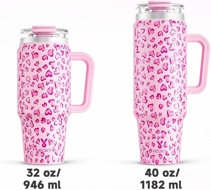 Meoky 40 oz Tumbler with Handle and Straw, Insulated Tumbler with Lid and Straw, Stainless Steel Travel Mug, Keeps Cold for 34 Hours, 100% Leak Proof, Fits in Car Cup Holder (Love)