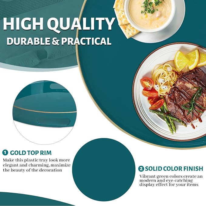 13" Teal Decorative Tray, Plastic Round Serving Tray with Handles | Green Decorative Tray for Coffee Table, Modern Ottoman Tray, Circle Tea Tray, Round Melamine Tray for Living Room, Bathroom