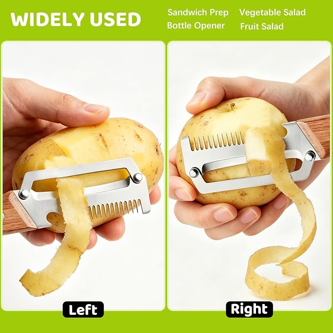 Left & Right Hand Vegetable Peeler Set with Scallion Slicer & Bottle Opener, Heavy-Duty Thick Stainless Steel Blade, Multi-Function Kitchen Peeler with Wooden Handle for Fruits & Vegetables(New 2pcs)