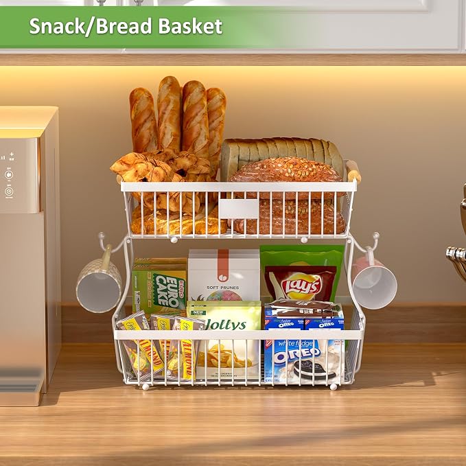 2 Tier Fruit Basket for Kitchen Counter with 2 Banana Hangers, Countertop Metal Bread Basket with Wooden Handle, Large Storage Stand for Vegetables, Snacks, Eggs, Produce Storage – White