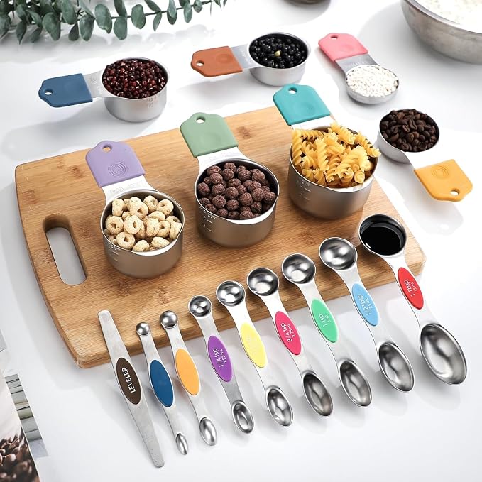 Measuring Cup and Spoon Set Stainless Steel Includes 7 Stackable Measuring Cups 8 Double-Sided Magnetic Measuring Spoons, 1 Level Meter for Dry and Liquid Ingredients