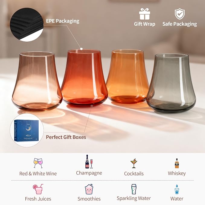 Crystal Colored Stemless Wine Glasses Brown Fall, 15oz Set of 4 | 4 Colorful No Stem Wine Glass, Hand Blown Lead-free, Tapered Rim, Stable Base, Autumn Winter Dinner Daily Use, Ready to Gift