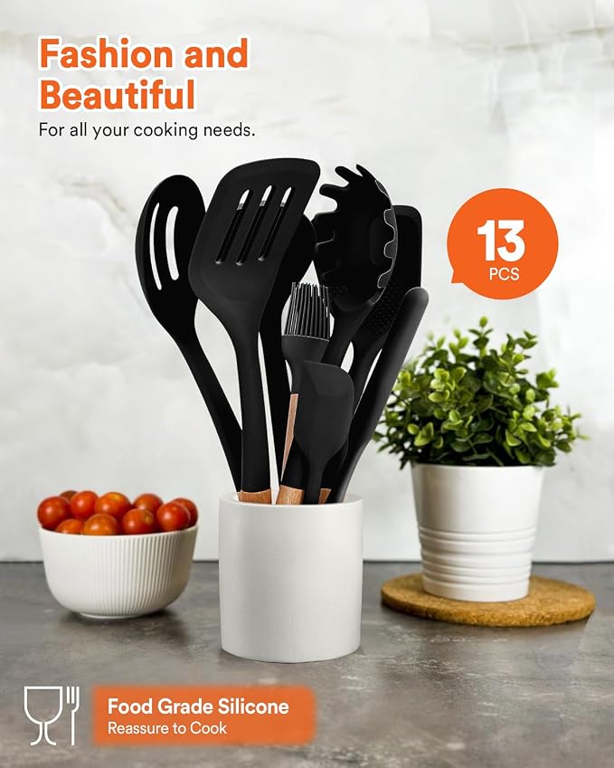13PCS Silicone Kitchen Utensils Set for Nonstick Cookware, Black | Food Grade, Heat Resistant Kitchen Utensil Spatula Set, Wooden Handles Kitchen Gadgets Tools Set