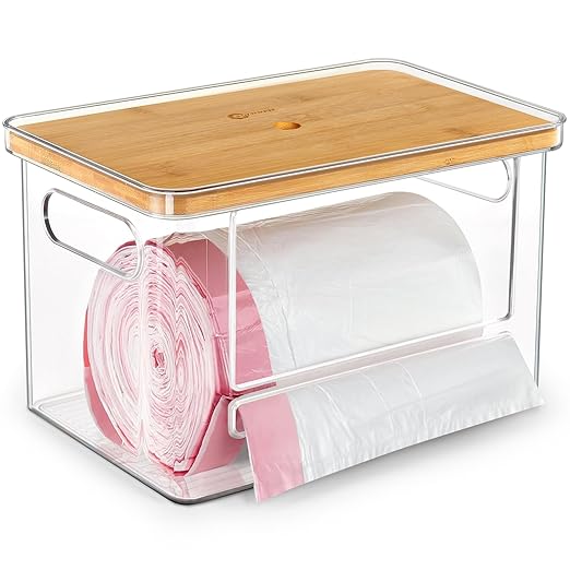 Stackable Trash Bag Dispenser with Wooden Top for Holding 13/30/33-Gallon Large Bag Sizes – Extra-Large Garbage Bag Holder with Anti-Slip Base, Trash Bag Dispenser Under Sink (11.5"x7.5"x7")
