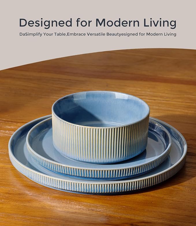 GBHOME Stoneware Dinnerware Sets for 4, 12-Piece Plates and Bowls Set | Handmade Reactive Glaze Ceramic Dish Set, Scratch Resistant, Dishwasher&Microwave Safe,Alaskan Blue