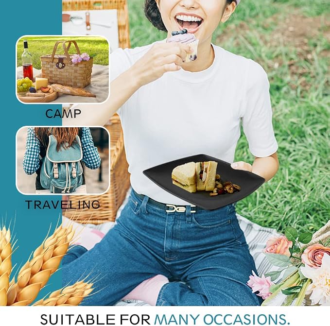 Teivio 24-piece Plastic Wheat Straw Square Dinnerware Set for 6, Unbreakable Dinner Plates, Salad Plates, Snack Bowls, Tumblers 13.5 oz, Dishwasher Safe, Outdoor Kitchen RV Dishes, Black