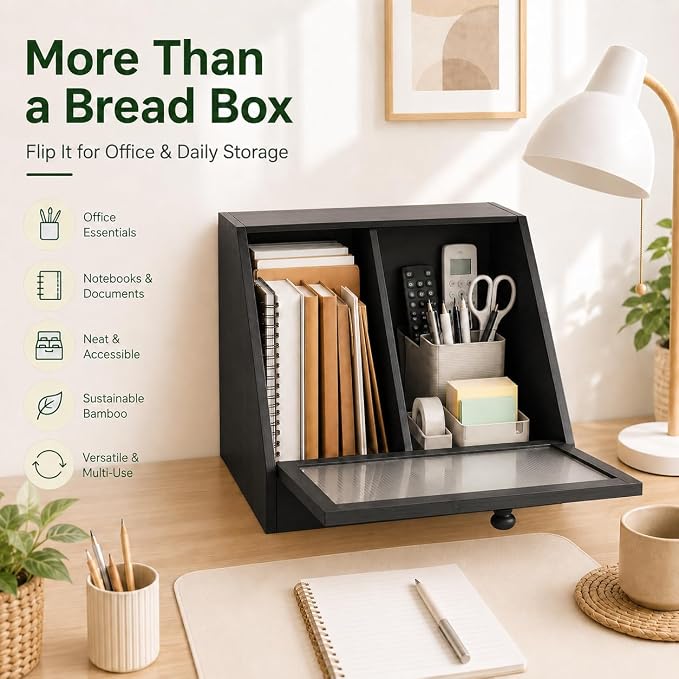 BAMBANG Corner Bread Box for Kitchen Countertop, Large Capacity Bamboo Wood Bread Storage Container, 2 Tier Farmhouse Breadbox with Fluted Acrylic Door for Bread, Homemade Bread and Snacks, Black