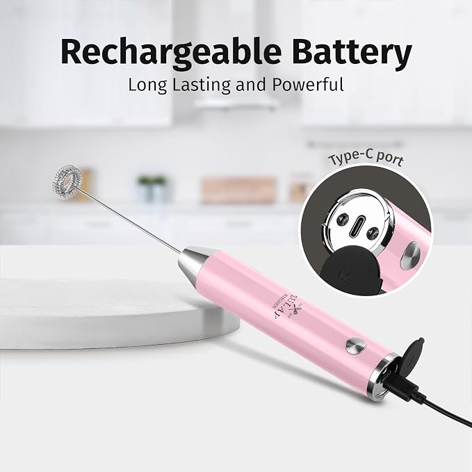 Zulay Kitchen Rechargeable Milk Frother Handheld - Frother Wand, Drink Mixer, Electric Whisk Frother, for Cappuccinos, Matcha & Protein Powder - Lux Double Whisk 2 Speed Waterproof 2000mAh Pink