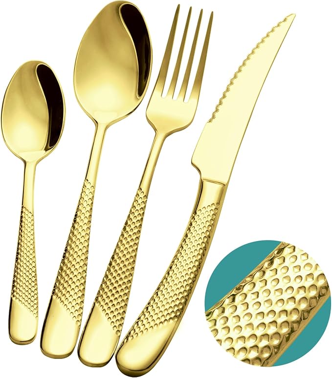Xideman® 16-Pc Champagne Gold Hammered 18/10 Stainless Steel Silverware Set | Ultra Sharp 2-IN-1 Serrated Knives, Ergonomic Non-Slip Handles, Service for 4, Rust Resistant, Dishwasher Safe