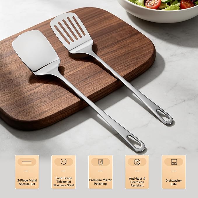 2PCS Stainless Steel Spatula, Solid & Slotted Metal Turner for Kitchen Use | Hanucci Heat Resistant, Dishwasher Safe,Heavy Duty Metal Spatula for Flipping Fish Eggs Pancakes, Everyday Kitchen Cooking