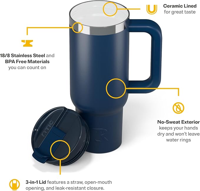RTIC 30oz Road Trip Tumbler, Insulated, Ceramic Lined, Navy | with Lid, Handle and Straw, Stainless Steel Metal Cup, Portable for Hot and Cold Drinks, Coffee, Car, Camping, Travel