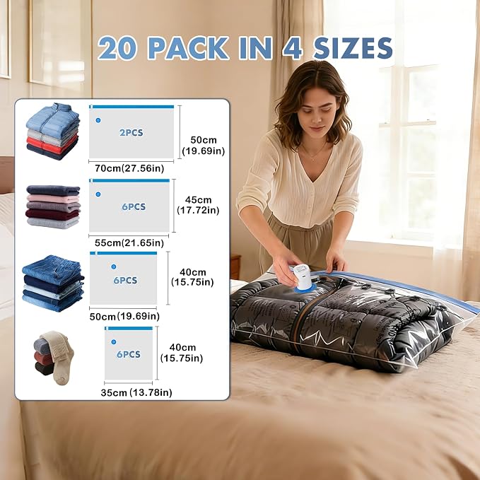 BoxLegend 20 Pack Travel Vacuum Storage Bags with Wireless USB Electric Pump (1200mAh) 4 Sizes for Luggage, Suitcase & Backpack Must-Have Travel Essentials Save 80% Space for Clothes & Packing