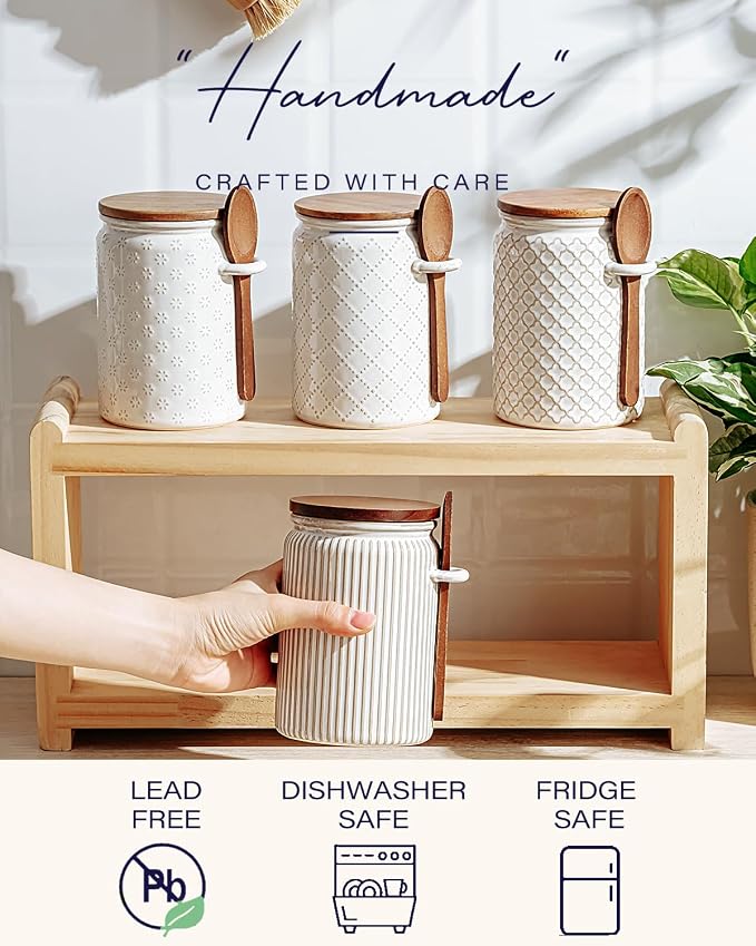 getstar Small Canisters Sets for the Kitchen, 18 oz Sugar Coffee Tea Storage Containers, Ceramic Kitchen Canisters for Countertop Set of 4 with Airtight Lids and Teaspoons