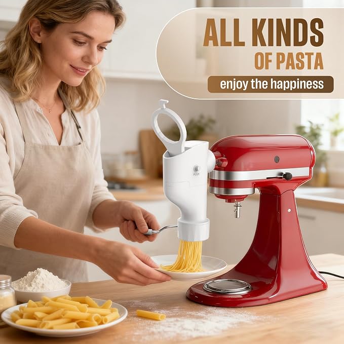 Pasta Press Attachment for KitchenAid Stand Mixer, 7 Pasta Plates | New buckle design.The pasta maker fit all Kitchenaid mixer modol, Perfect for family pasta nights, meal prep, dinner parties.
