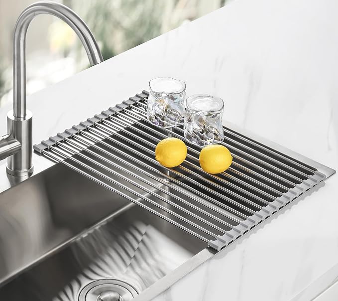 Tomorotec Roll Up Dish Drying Rack Over Sink, 304 Steel, 17.7x12.5, Grey | Anti-Slip Silicone Rims For Grip, Heat-Resistant Trivet Mat Holding Heavy Cookware, Rustproof Kitchen Counter Space Saver