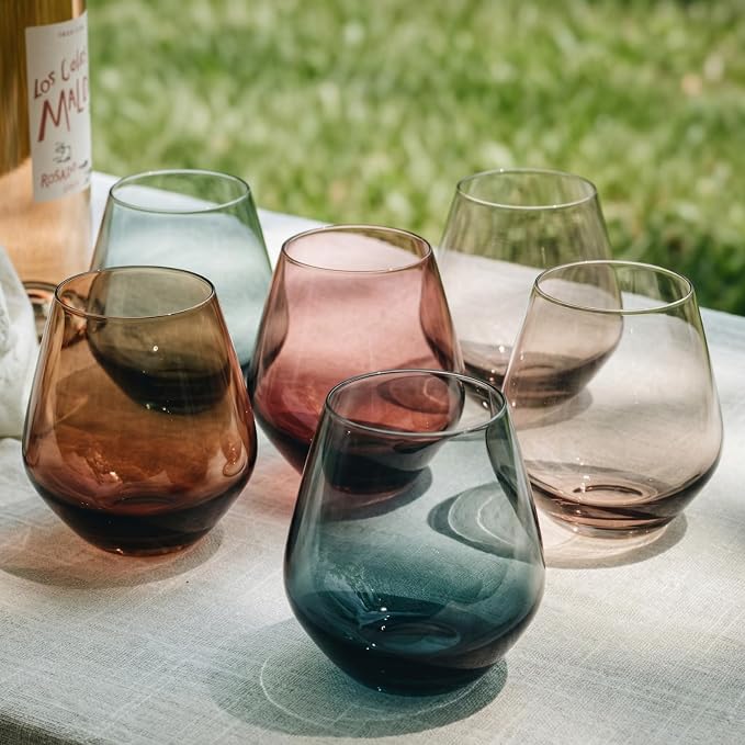 Beautiful Colored Wine Glasses | Set of 6 | Crystal, Large 16oz - Stemless Goblet Drinking Cups, Luxury Multi Color Glassware Gift Set - Her, Wife, Mom Friend - Colorful Drinkware Water, Wine Cocktail