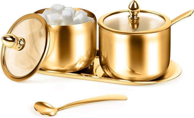 holoith 2 Pcs Coffee and Sugar Dispenser with Tray, Gold | 10 oz Sugar Bowl, Glass Lid and Spoon, Coffee Bar Accessories, Kitchen Storage for Salt, Coffees Bean, Brown Sugar Cubes