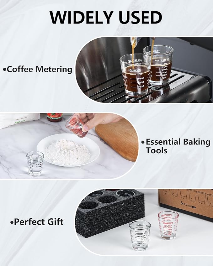 SAIAOKJ Shot Glass Measuring Cup Set, 4 Pack Espresso Shot Glasses (Red) | Glass measuring cups feature 26 markings up to 1 OZ, 2 TBS, 6 TSP, 30 ML for espresso, liquor, medicine and recipes