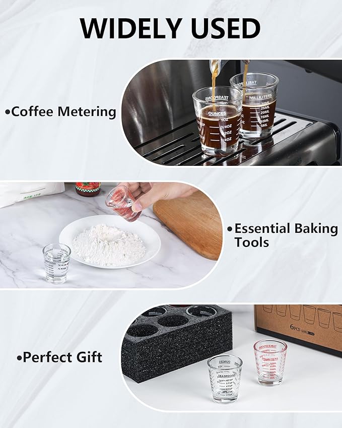 Shot Glass Measuring Cup Set, 6 Pack Espresso Shot Glasses (Mixed Colors) | Glass measuring cups feature 26 markings up to 1 OZ, 2 TBS, 6 TSP, 30 ML for espresso, liquor, medicine and recipes