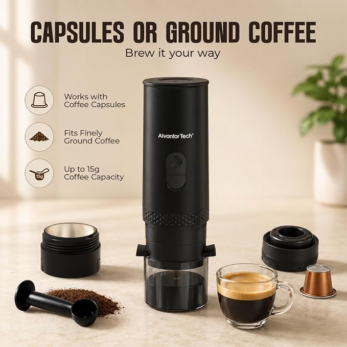 Portable Electric Espresso Machine, Mini Self-Heating Travel Coffee Maker for Ground Coffee & NS Capsules, Ideal for Camping, RV, Hiking & Office