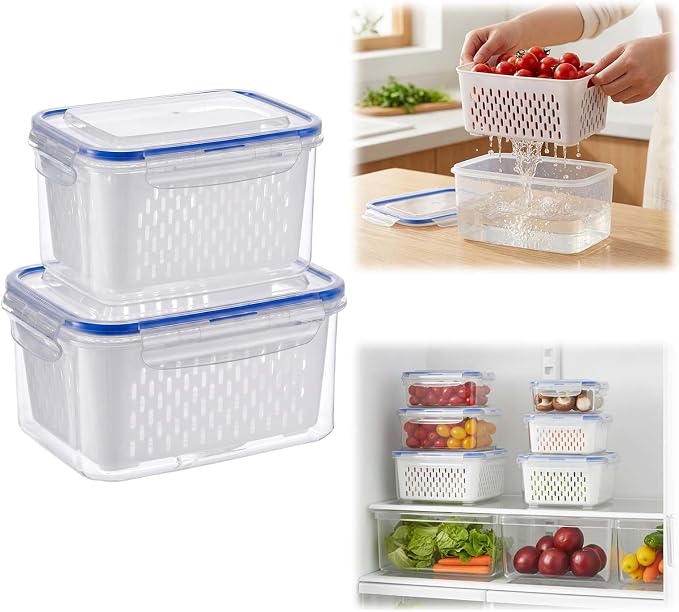 Fruit Storage Containers for Fridge with Removable Colander, Airtight Produce Storage Containers with Lids, Fridge Organizers and Storage for Berry, Fruit, Vegetables, Salad & Meal Prep (Blue, M+L)