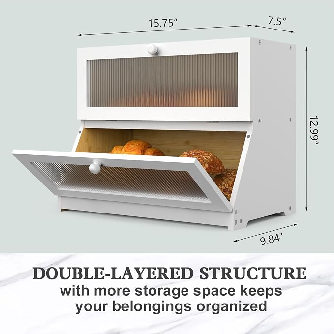 LOHASOK Bread Box for Kitchen Countertop,White | 2-layer, Bamboo, Large, Farmhouse Bread Container Holder Storage, Acrylic translucent window