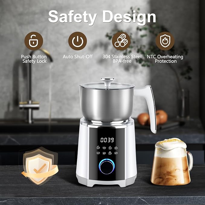 Milk Frother and Steamer, 8 in 1 Detachable Electric Milk Frother, Automatic Warm and Cold Foam Maker, Variable Temperature and Froth Thickness for Latte, Macchiato, Cappuccino, 20.29oz/600ml, White