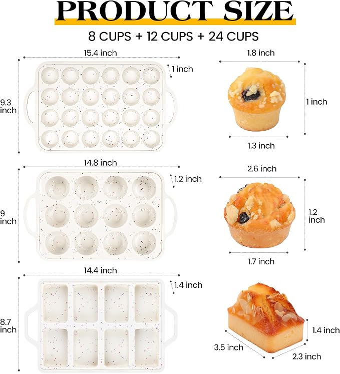 3 Pcs Silicone Baking Pan Set, Cream | Metal Reinforced Frame, Mini Loaf Pan, Standard Muffin Pan, Mini Muffin Pan