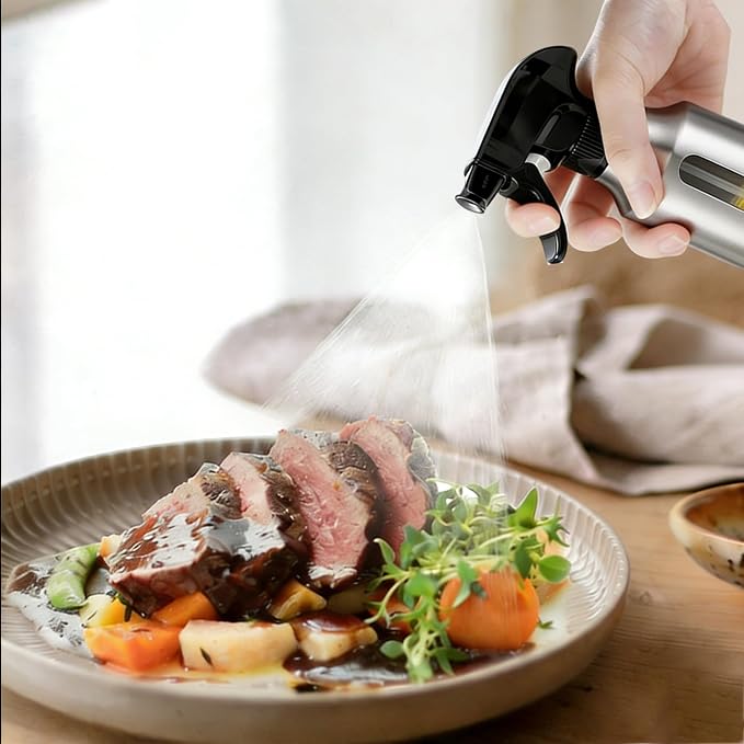 Oil Sprayer for Cooking 180ml, Olive Oil Mister with Fine Mist Trigger, Stainless Steel Refillable Glass Dispenser Bottle 6.35oz for Air Fryer BBQ Salad & Baking (Black+Stainless Steel)