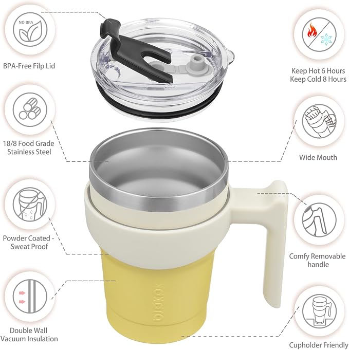 BJPKPK 10 oz Mini Tumbler with Lid, Straw & Handle, Insulated Steel Cup | Small, Spill Proof, Leak Proof, Thermal, Double Wall Vacuum, Sweatproof, Dishwasher Safe, BPA Free, Lemon