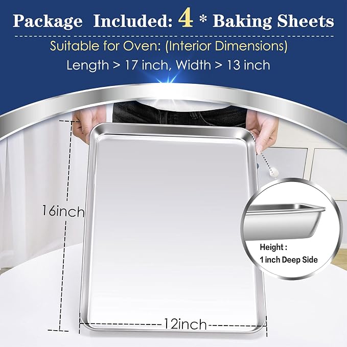 P&P CHEF Baking Sheet Pan, Stainless Steel Cookie Sheet, 16 Inch & 4 Pcs | Oven Tray Sheet Pan for Baking & Serving, Baking Tray for Multi Uses, Heavy Duty & Non-toxic, Rust Free & Dishwasher Safe