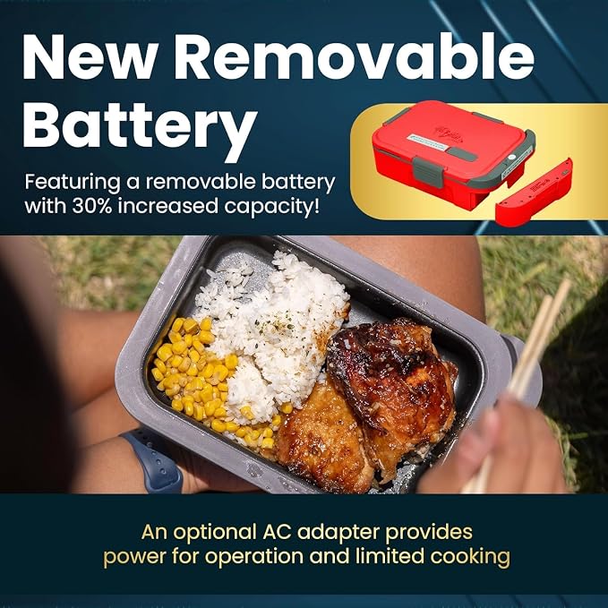 PLUS Self-Heated Cordless Lunch Box & Food Warmer, Ruby | Removable Battery Powered, Child Safe, Portable & Compact, Ideal for Travel, Jobsite, Picnics, School & Outdoor Recreation