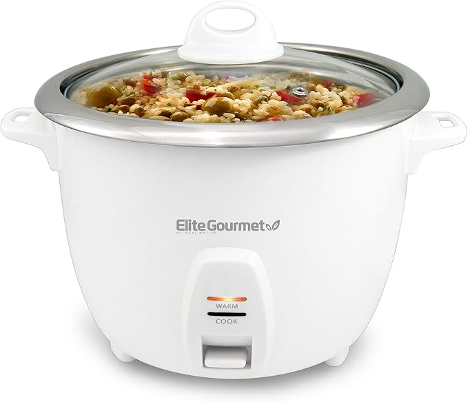 Elite Gourmet ERC-2010 Rice Cooker, Stainless Steel, White, 10 Cups Cooked | Keep Warm - Also Makes Soups, Stews, Grains and Cereals for Versatile Everyday Family Cooking